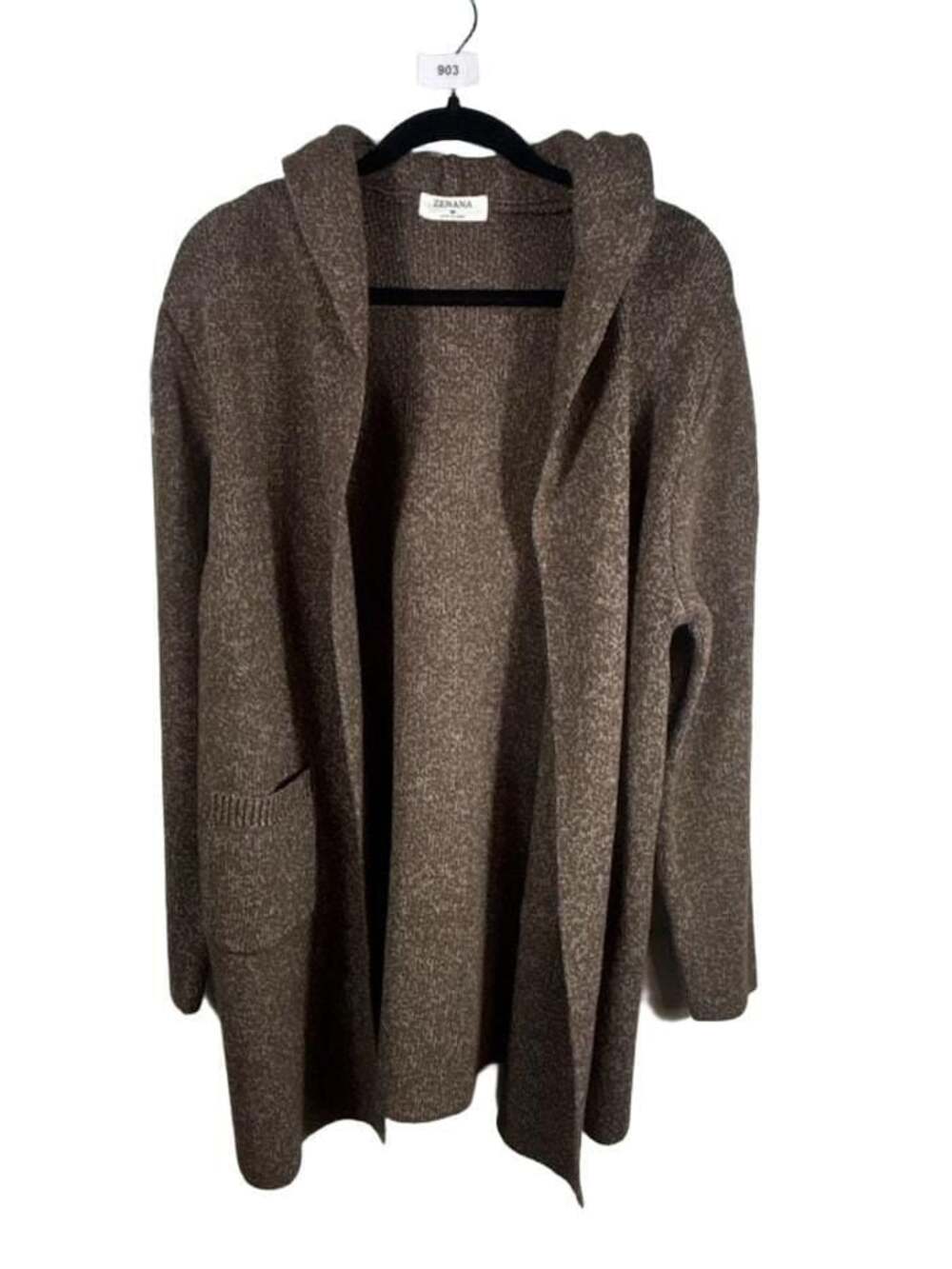 Zenana Brown Hooded Open Front Knit Sweater Cardigan with Pockets